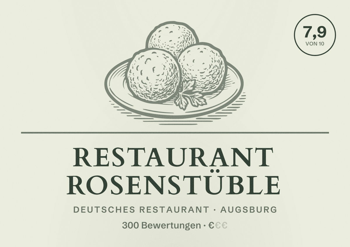 Illustriertes Poster von Restaurant Rosenstüble, Deutsches Restaurant in Augsburg: Bewertung 7,9 von 10 aus 300 Bewertungen, Preisniveau €