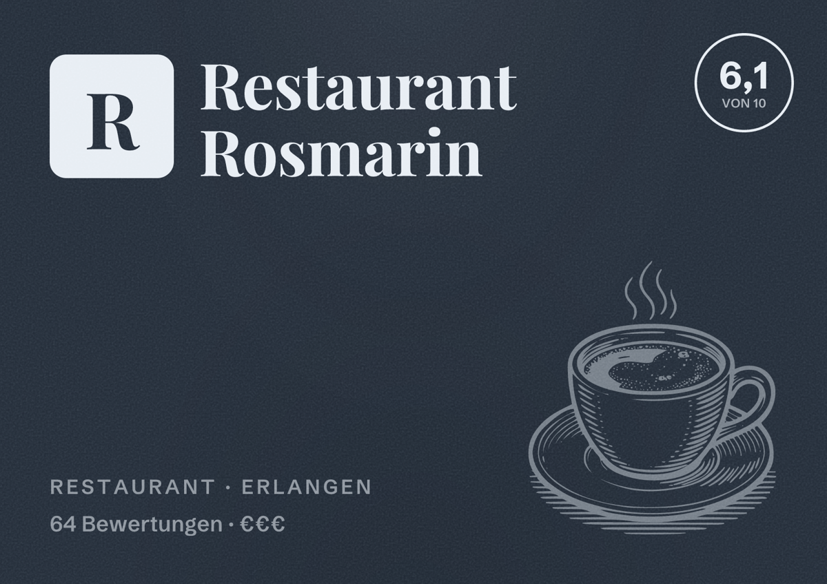 Illustriertes Poster von Restaurant Rosmarin, Restaurant in Erlangen: Bewertung 6,1 von 10 aus 64 Bewertungen, Preisniveau €€€