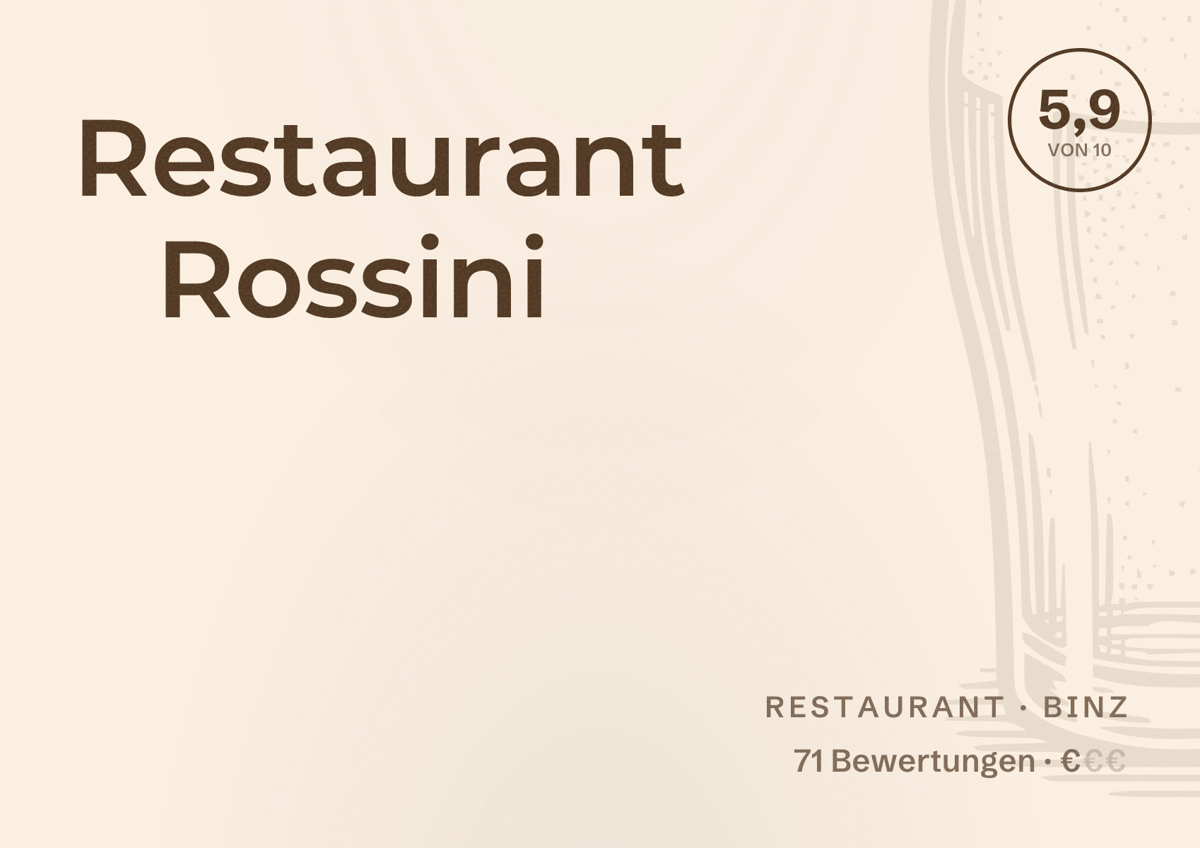 Illustriertes Poster von Restaurant Rossini, Restaurant in Binz: Bewertung 5,9 von 10 aus 71 Bewertungen, Preisniveau €