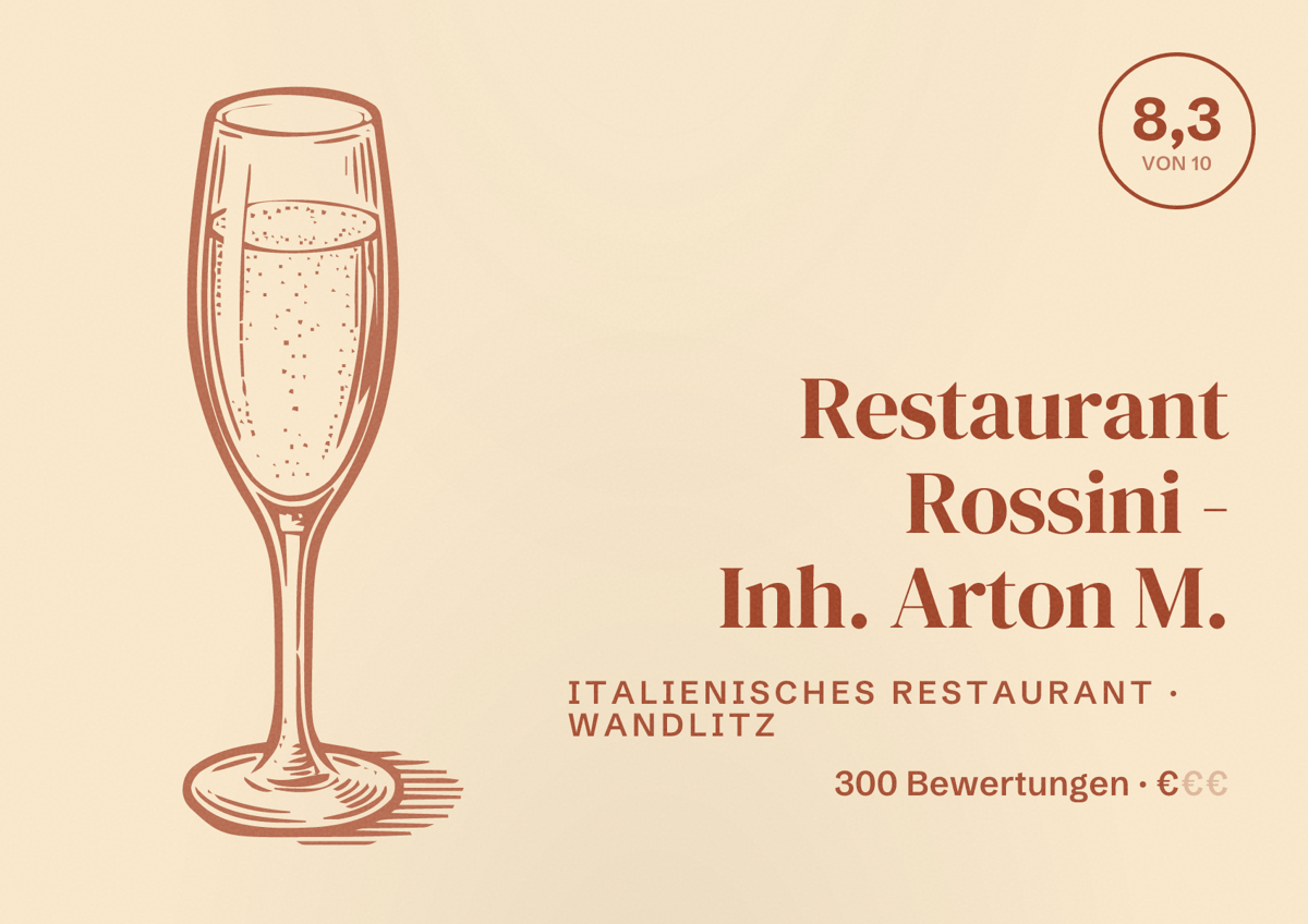 Illustriertes Poster von Restaurant Rossini - Inh. Arton M., Italienisches Restaurant in Wandlitz: Bewertung 8,3 von 10 aus 300 Bewertungen, Preisniveau €