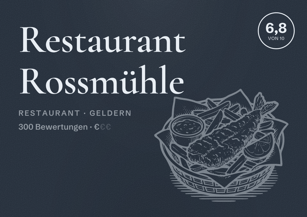 Illustriertes Poster von Restaurant Rossmühle, Restaurant in Geldern: Bewertung 6,8 von 10 aus 300 Bewertungen, Preisniveau €