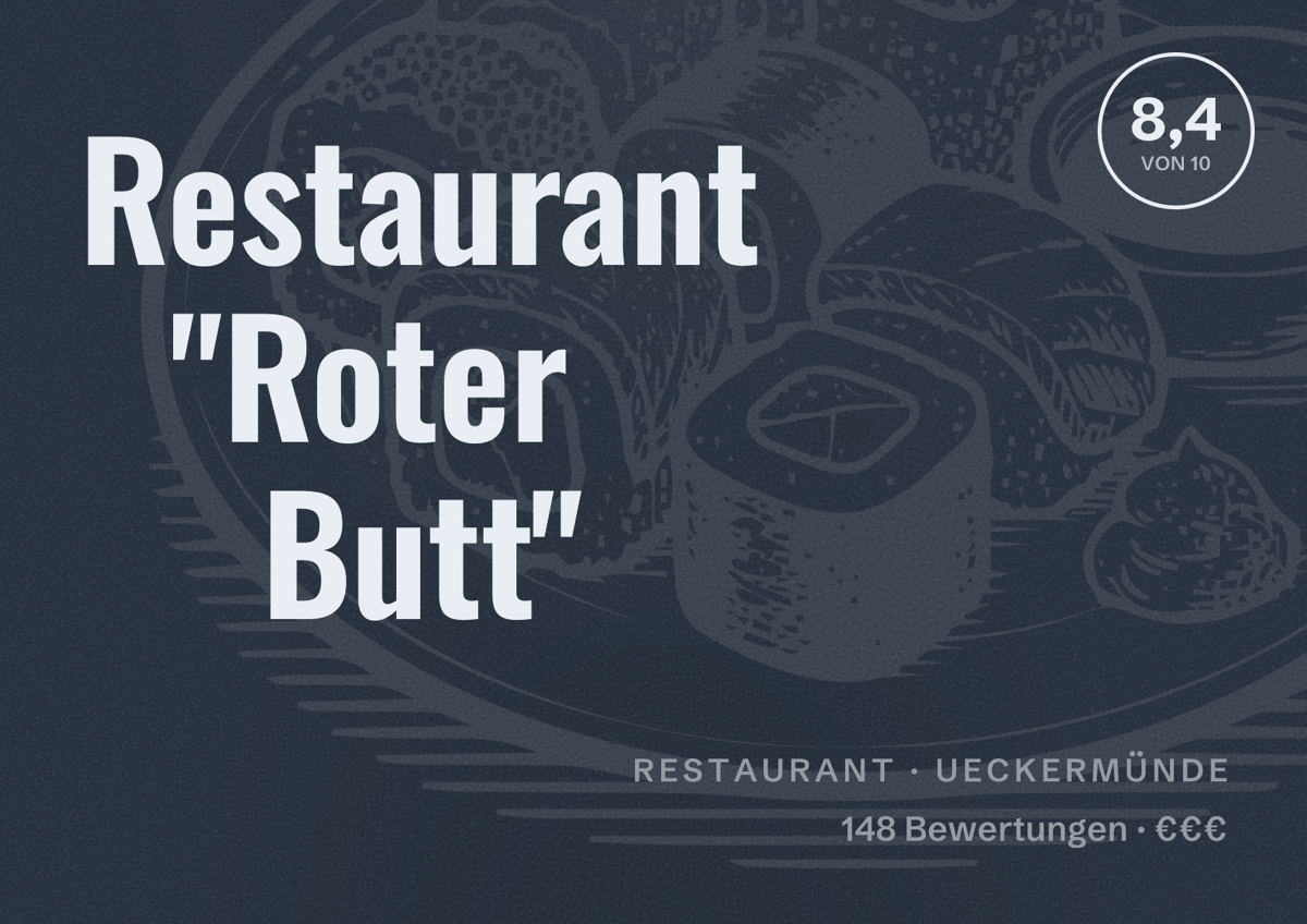 Illustriertes Poster von Restaurant "Roter Butt", Restaurant in Ueckermünde: Bewertung 8,4 von 10 aus 148 Bewertungen, Preisniveau €€€