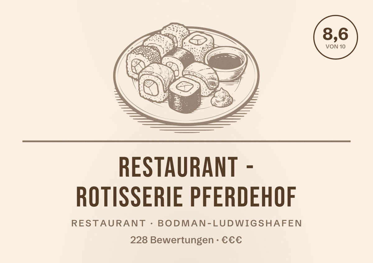 Illustriertes Poster von Restaurant - Rotisserie Pferdehof, Restaurant in Bodman-Ludwigshafen: Bewertung 8,6 von 10 aus 228 Bewertungen, Preisniveau €€€