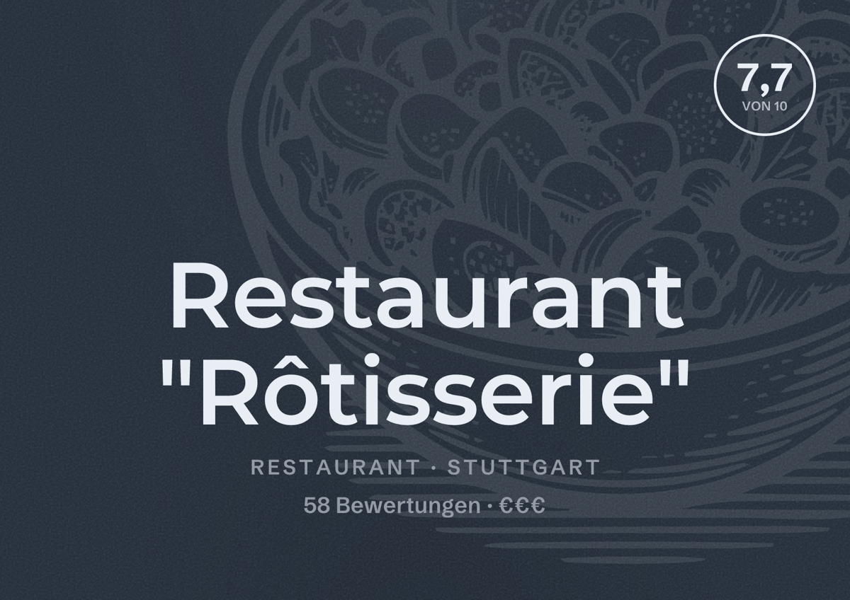 Illustriertes Poster von Restaurant "Rôtisserie", Restaurant in Stuttgart: Bewertung 7,7 von 10 aus 58 Bewertungen, Preisniveau €€€