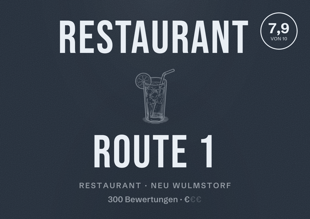Illustriertes Poster von Restaurant Route 1, Restaurant in Neu Wulmstorf: Bewertung 7,9 von 10 aus 300 Bewertungen, Preisniveau €