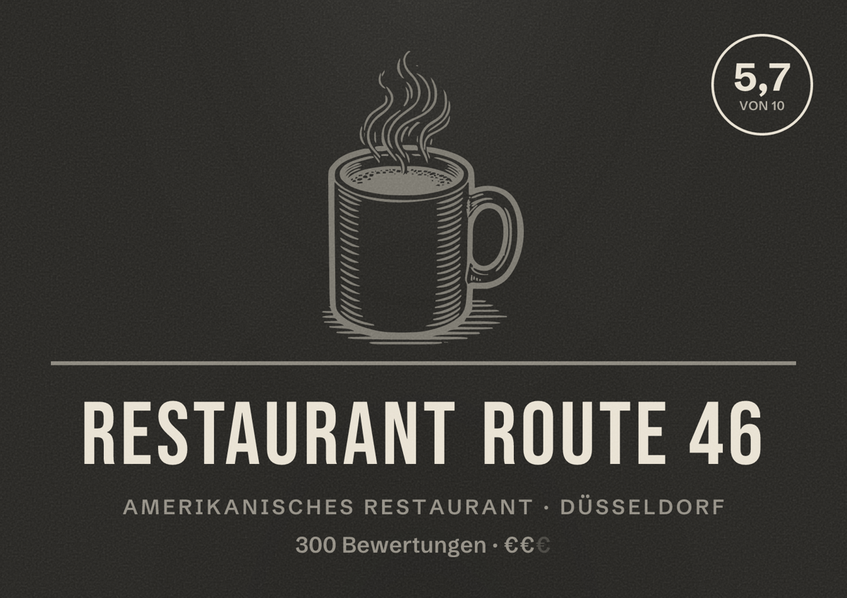 Illustriertes Poster von Restaurant Route 46, Amerikanisches Restaurant in Düsseldorf: Bewertung 5,7 von 10 aus 300 Bewertungen, Preisniveau €€
