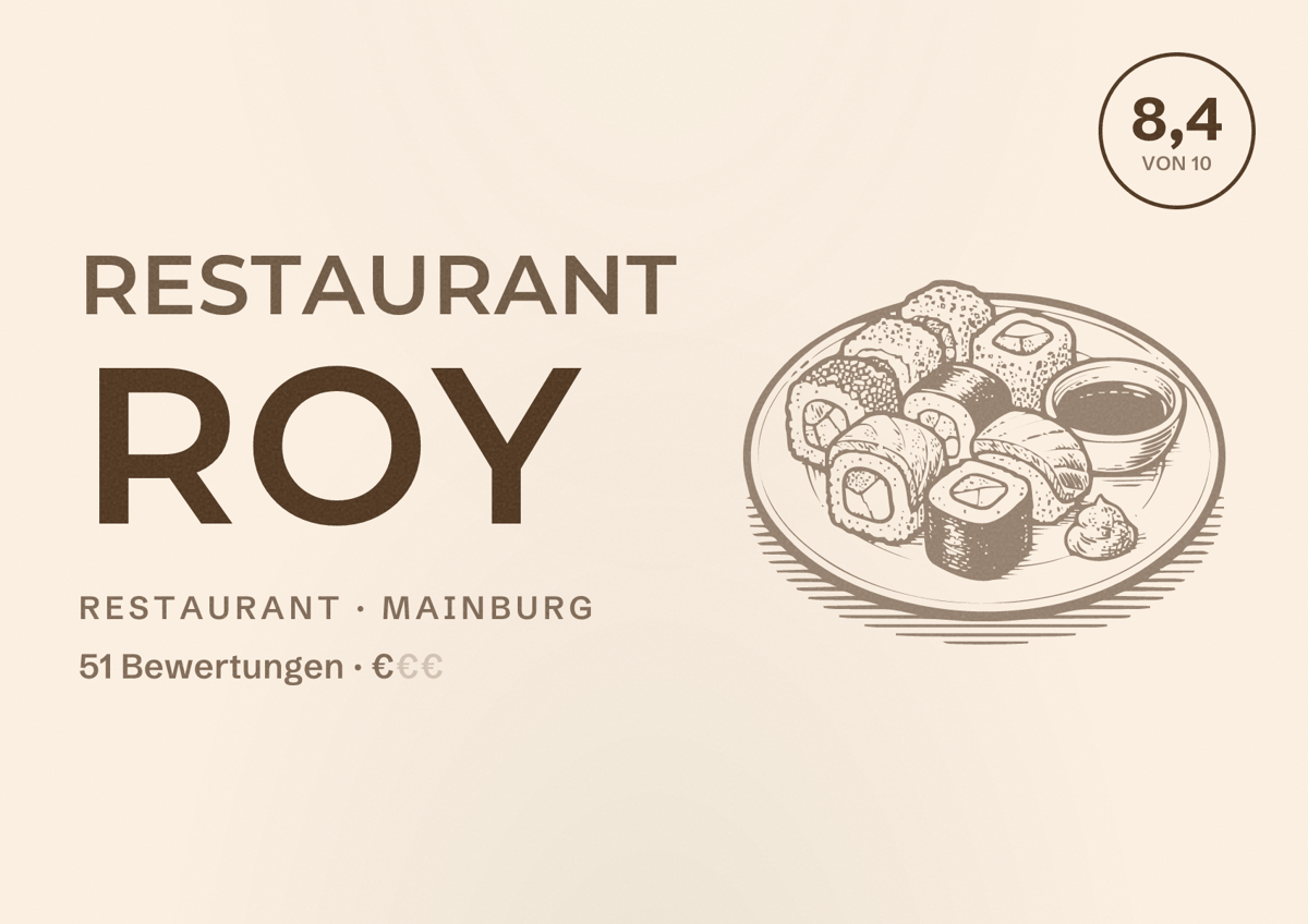 Illustriertes Poster von Restaurant Roy, Restaurant in Mainburg: Bewertung 8,4 von 10 aus 51 Bewertungen, Preisniveau €