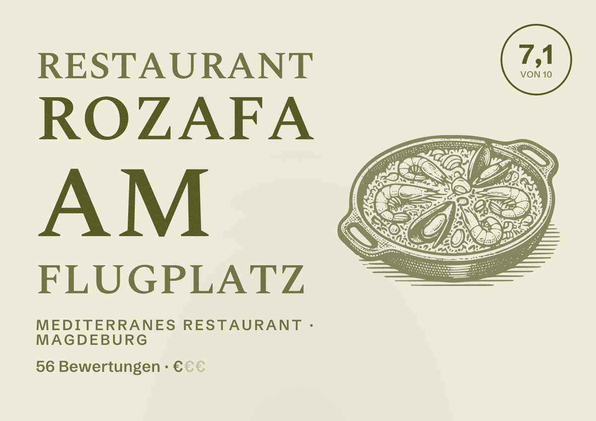 Illustriertes Poster von Restaurant Rozafa am Flugplatz, Mediterranes Restaurant in Magdeburg: Bewertung 7,1 von 10 aus 56 Bewertungen, Preisniveau €