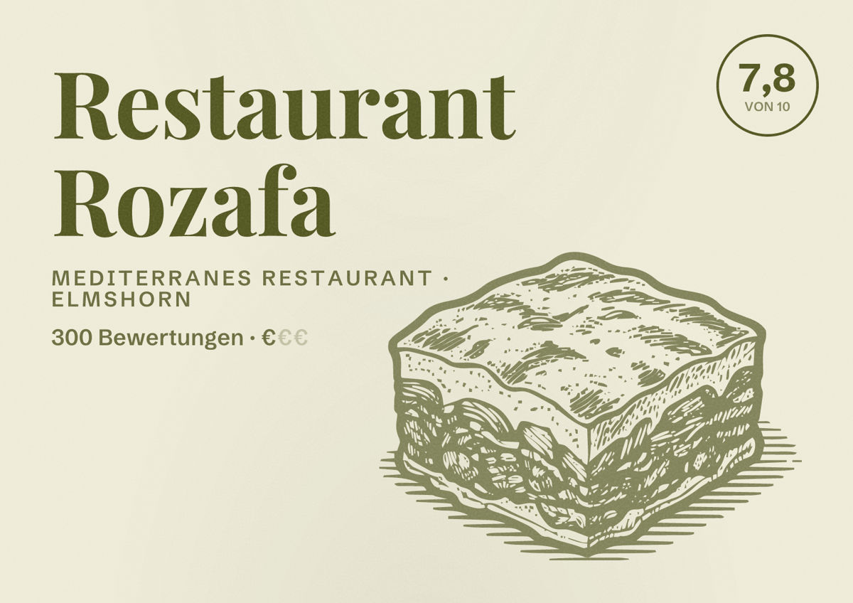 Illustriertes Poster von Restaurant Rozafa, Mediterranes Restaurant in Elmshorn: Bewertung 7,8 von 10 aus 300 Bewertungen, Preisniveau €