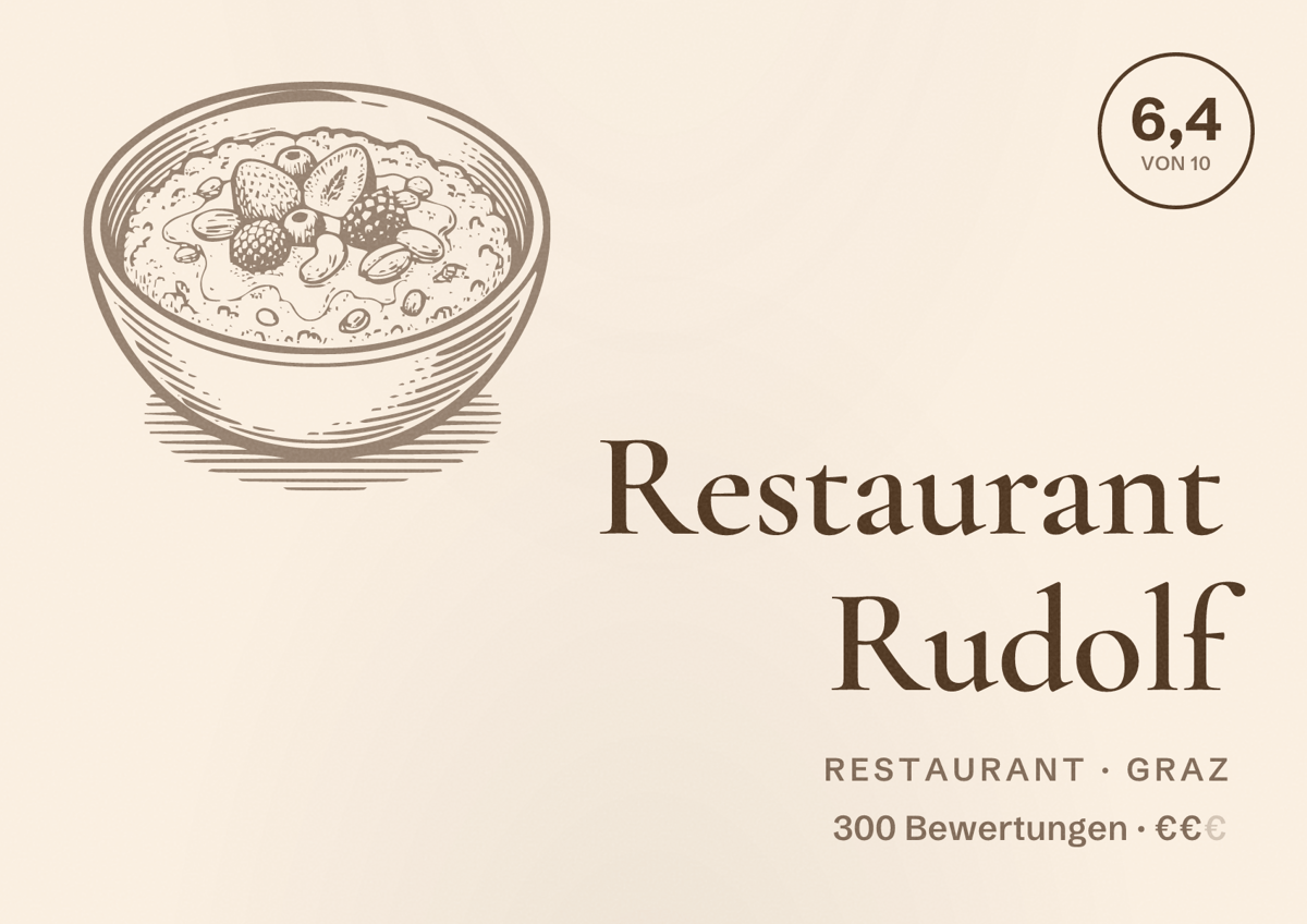 Illustriertes Poster von Restaurant Rudolf, Restaurant in Graz: Bewertung 6,4 von 10 aus 300 Bewertungen, Preisniveau €€