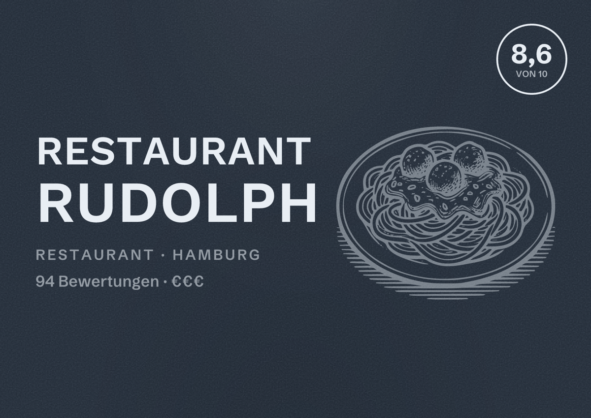 Illustriertes Poster von Restaurant Rudolph, Restaurant in Hamburg: Bewertung 8,6 von 10 aus 94 Bewertungen, Preisniveau €€€