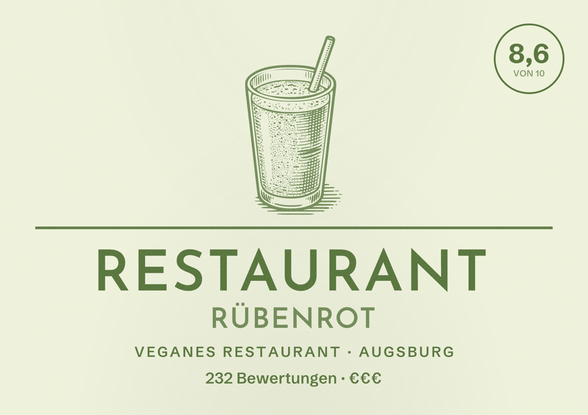 Illustriertes Poster von Restaurant Rübenrot, Veganes Restaurant in Augsburg: Bewertung 8,6 von 10 aus 232 Bewertungen, Preisniveau €€€