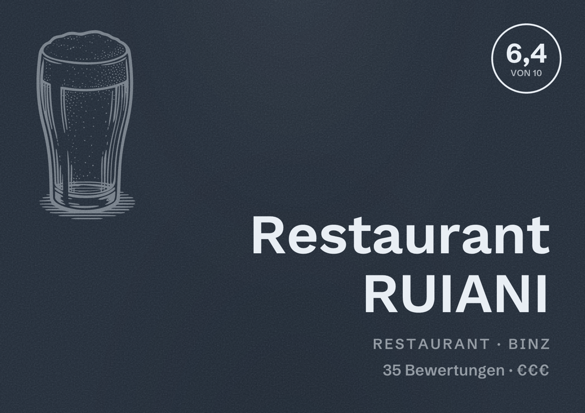 Illustriertes Poster von Restaurant RUIANI, Restaurant in Binz: Bewertung 6,4 von 10 aus 35 Bewertungen, Preisniveau €€€
