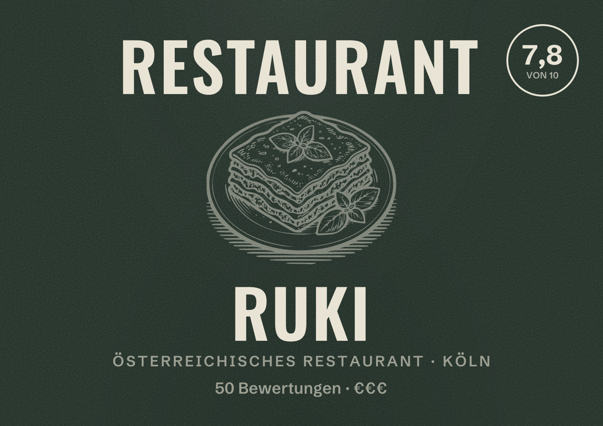 Illustriertes Poster von Restaurant Ruki, Österreichisches Restaurant in Köln: Bewertung 7,8 von 10 aus 50 Bewertungen, Preisniveau €€€