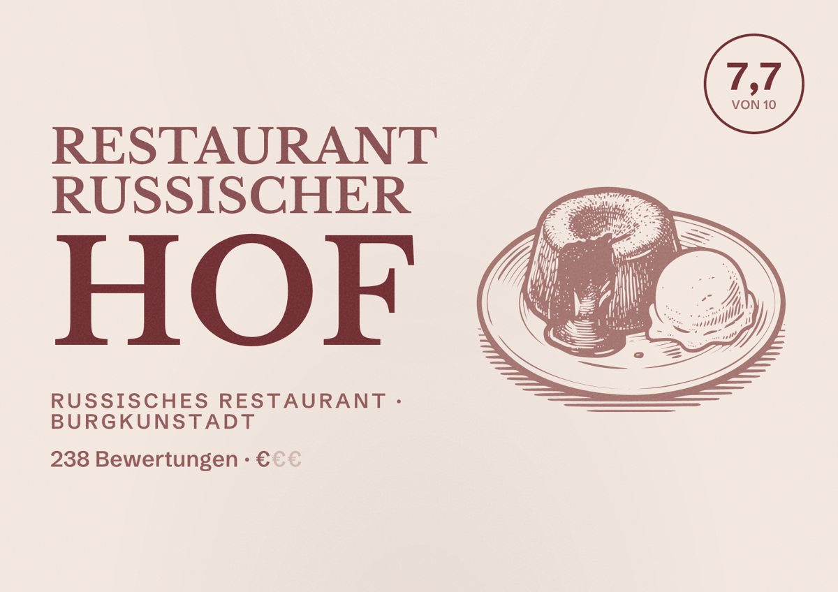 Illustriertes Poster von Restaurant Russischer Hof, Russisches Restaurant in Burgkunstadt: Bewertung 7,7 von 10 aus 238 Bewertungen, Preisniveau €