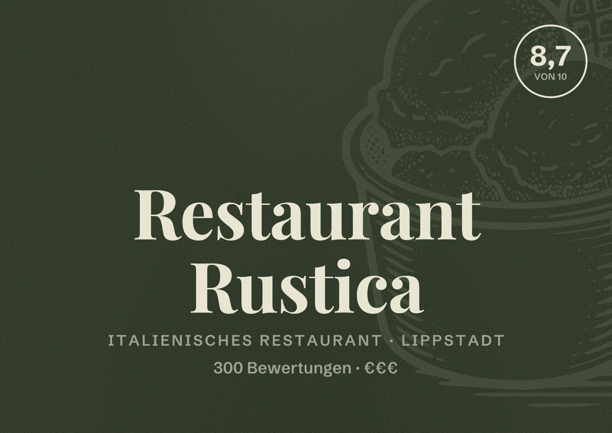 Illustriertes Poster von Restaurant Rustica, Italienisches Restaurant in Lippstadt: Bewertung 8,7 von 10 aus 300 Bewertungen, Preisniveau €€€