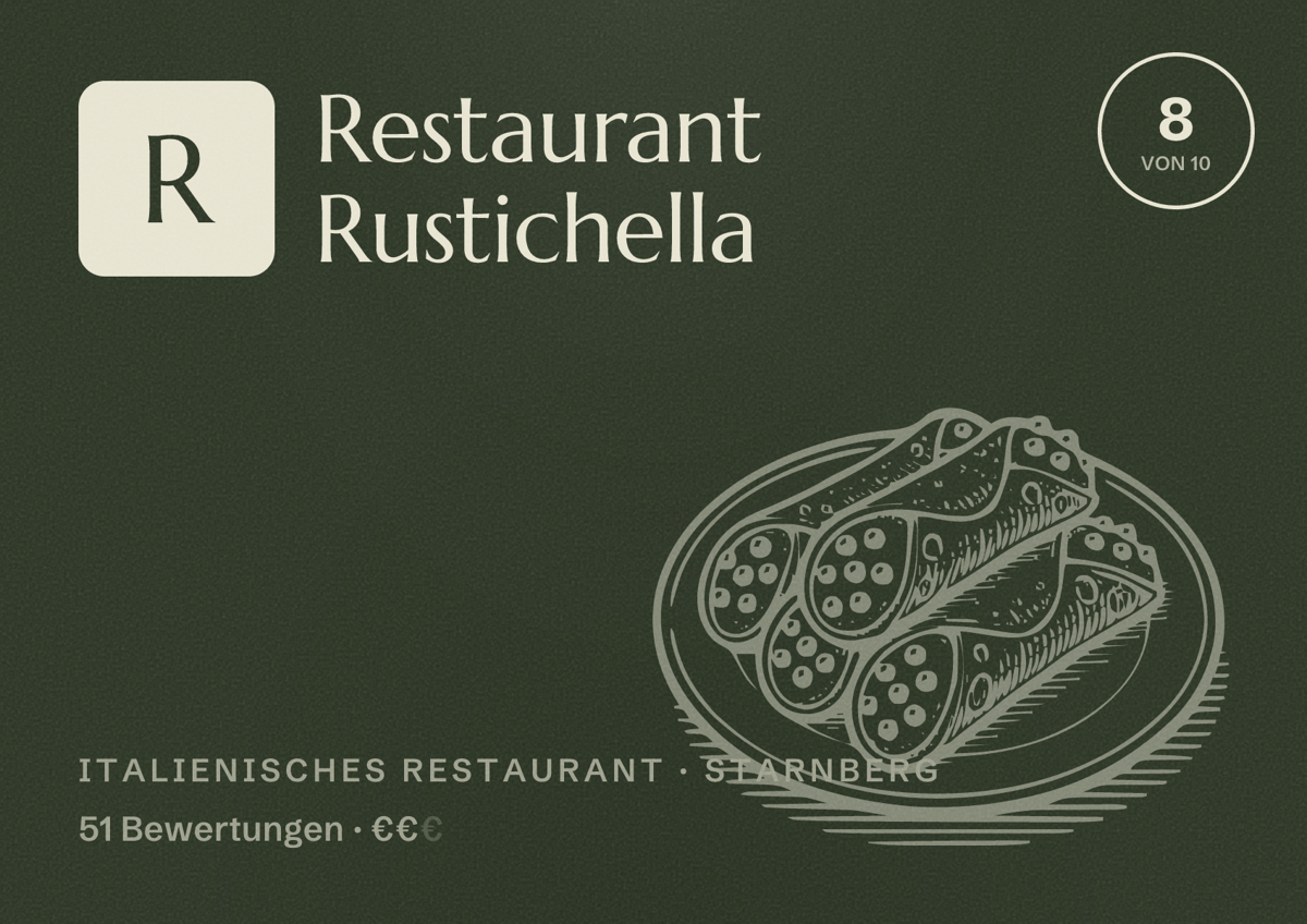 Illustriertes Poster von Restaurant Rustichella, Italienisches Restaurant in Starnberg: Bewertung 8 von 10 aus 51 Bewertungen, Preisniveau €€