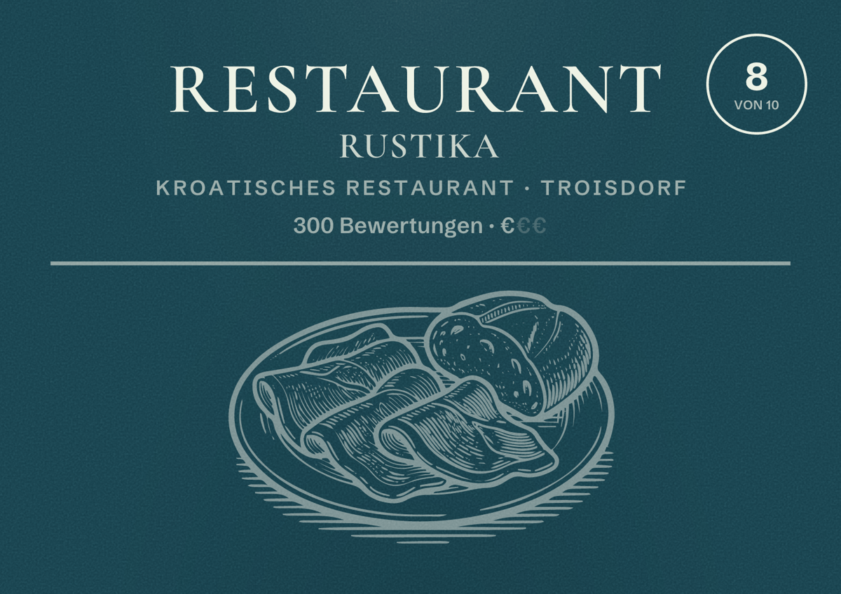Illustriertes Poster von Restaurant Rustika, Kroatisches Restaurant in Troisdorf: Bewertung 8 von 10 aus 300 Bewertungen, Preisniveau €