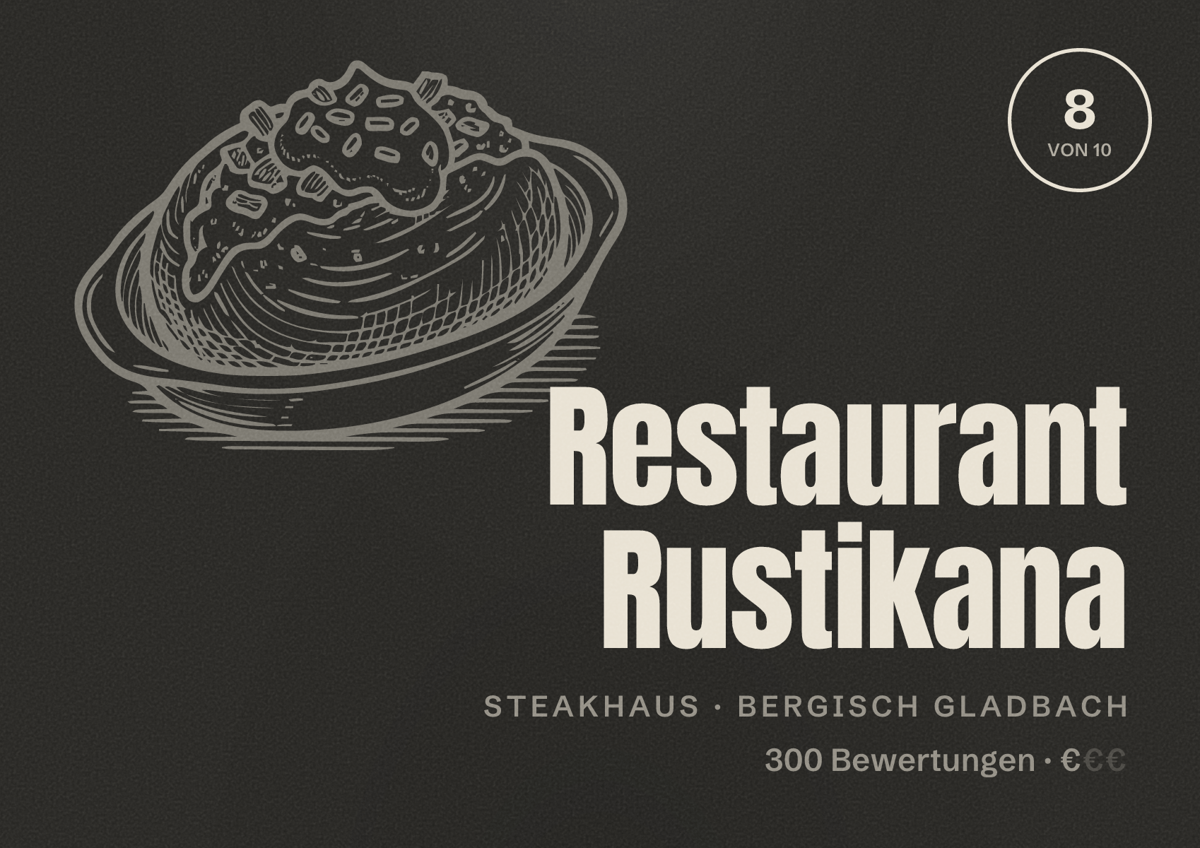 Illustriertes Poster von Restaurant Rustikana, Steakhaus in Bergisch Gladbach: Bewertung 8 von 10 aus 300 Bewertungen, Preisniveau €