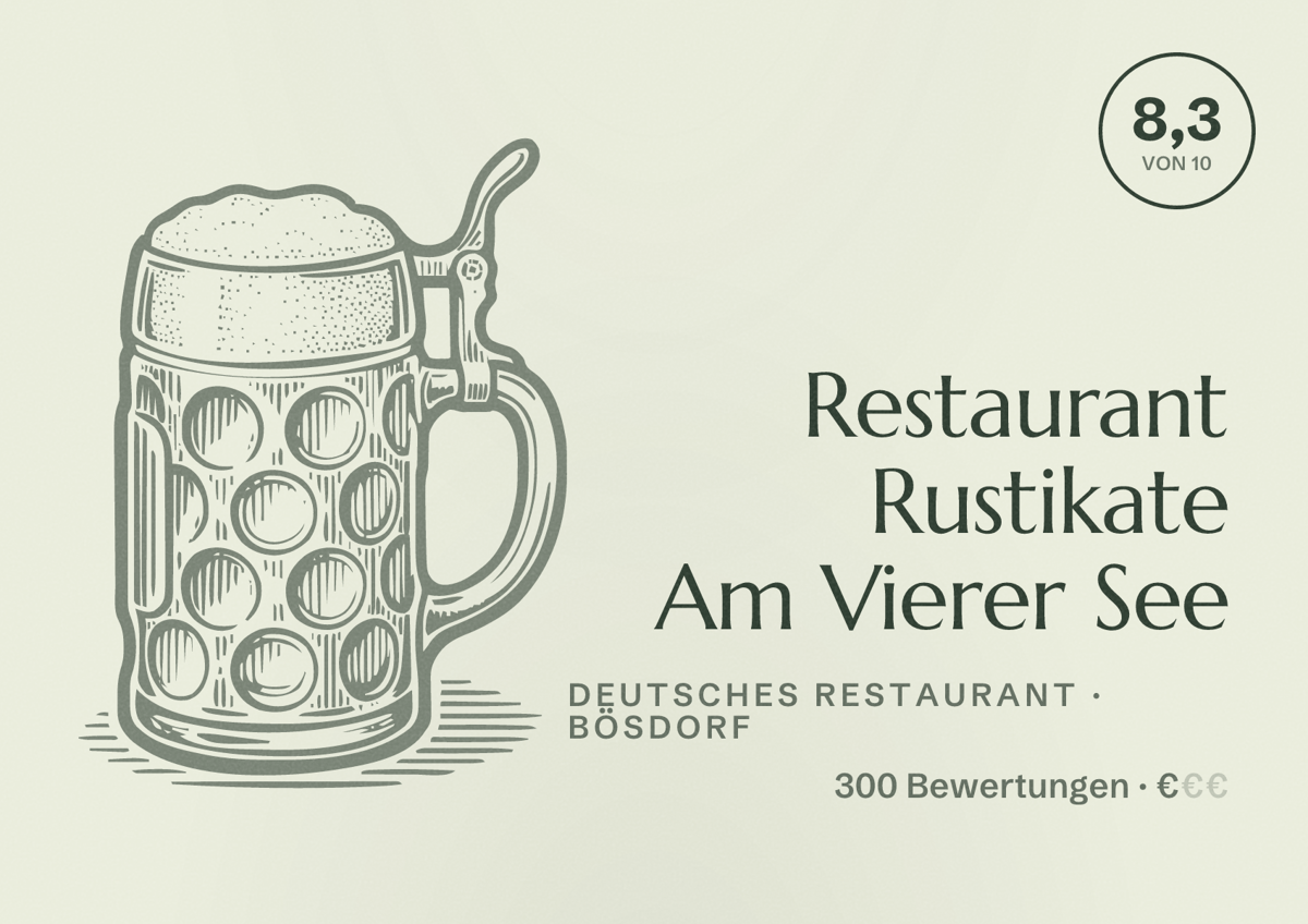 Illustriertes Poster von Restaurant Rustikate Am Vierer See, Deutsches Restaurant in Bösdorf: Bewertung 8,3 von 10 aus 300 Bewertungen, Preisniveau €