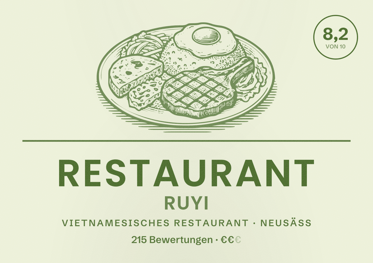Illustriertes Poster von Restaurant Ruyi, Vietnamesisches Restaurant in Neusäß: Bewertung 8,2 von 10 aus 215 Bewertungen, Preisniveau €€