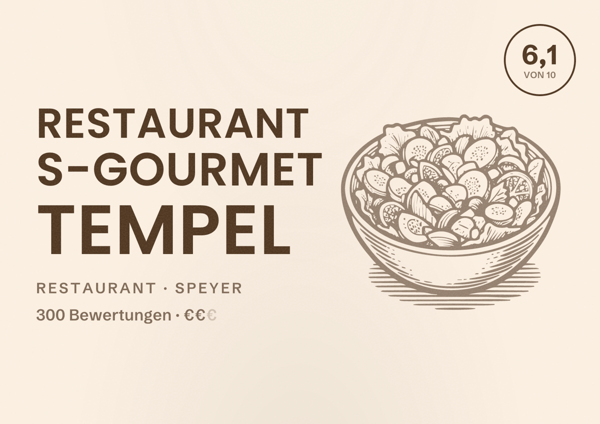 Illustriertes Poster von Restaurant S-Gourmet Tempel, Restaurant in Speyer: Bewertung 6,1 von 10 aus 300 Bewertungen, Preisniveau €€