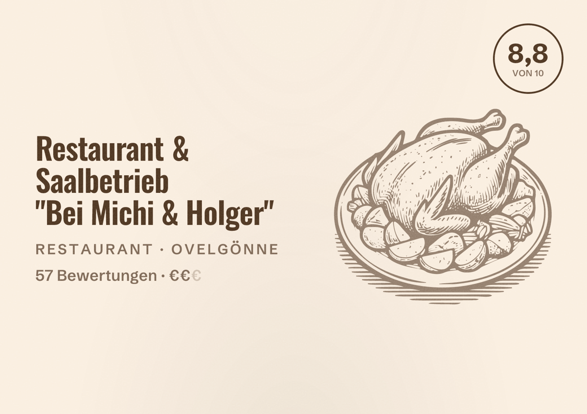 Illustriertes Poster von Restaurant & Saalbetrieb "Bei Michi & Holger", Restaurant in Ovelgönne: Bewertung 8,8 von 10 aus 57 Bewertungen, Preisniveau €€