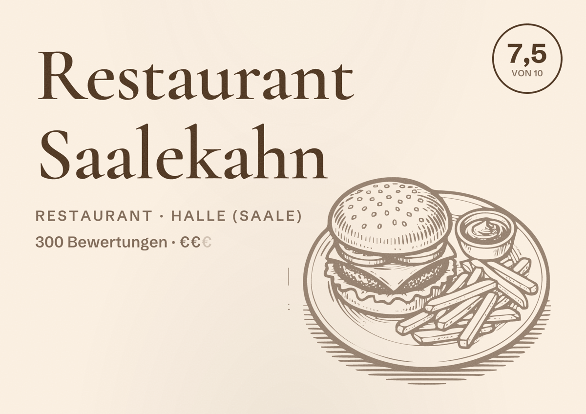 Illustriertes Poster von Restaurant Saalekahn, Restaurant in Halle (Saale): Bewertung 7,5 von 10 aus 300 Bewertungen, Preisniveau €€