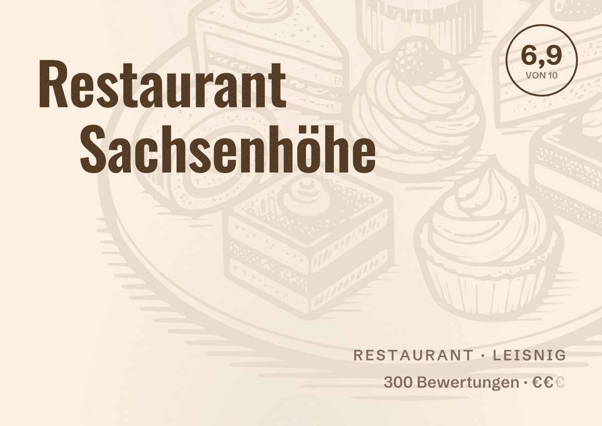 Illustriertes Poster von Restaurant Sachsenhöhe, Restaurant in Leisnig: Bewertung 6,9 von 10 aus 300 Bewertungen, Preisniveau €€