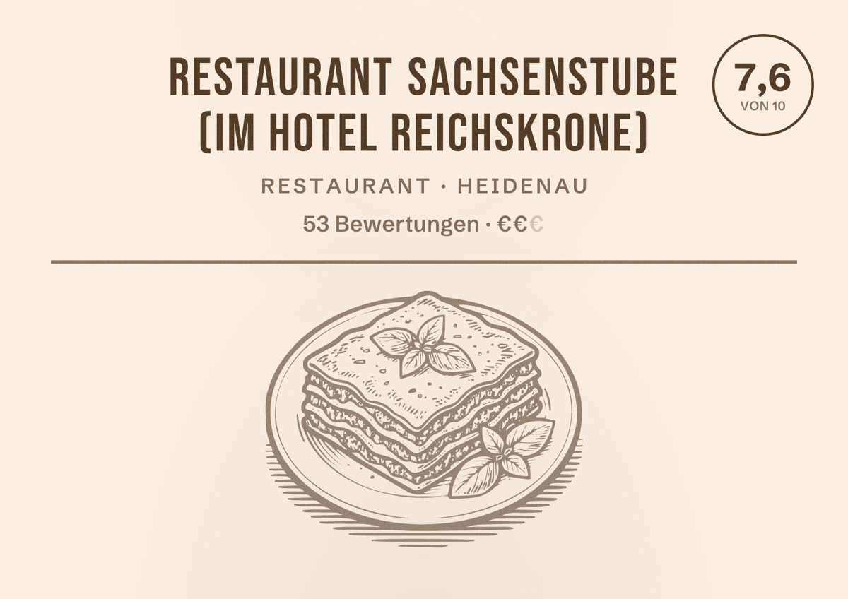 Illustriertes Poster von Restaurant Sachsenstube (im Hotel Reichskrone), Restaurant in Heidenau: Bewertung 7,6 von 10 aus 53 Bewertungen, Preisniveau €€