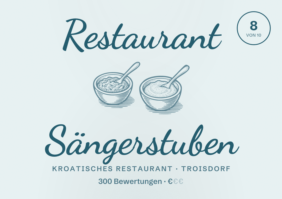 Illustriertes Poster von Restaurant Sängerstuben, Kroatisches Restaurant in Troisdorf: Bewertung 8 von 10 aus 300 Bewertungen, Preisniveau €