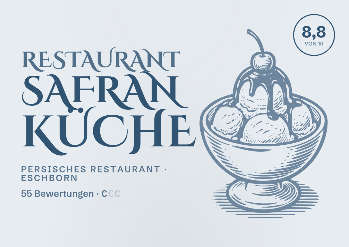 Illustriertes Poster von Restaurant Safran Küche, Persisches Restaurant in Eschborn: Bewertung 8,8 von 10 aus 55 Bewertungen, Preisniveau €