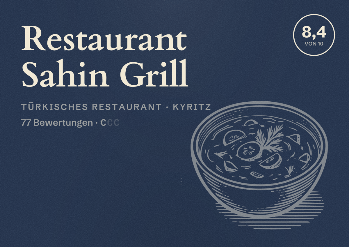 Illustriertes Poster von Restaurant Sahin Grill, Türkisches Restaurant in Kyritz: Bewertung 8,4 von 10 aus 77 Bewertungen, Preisniveau €