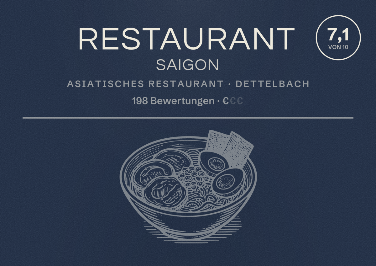 Illustriertes Poster von Restaurant Saigon, Asiatisches Restaurant in Dettelbach: Bewertung 7,1 von 10 aus 198 Bewertungen, Preisniveau €