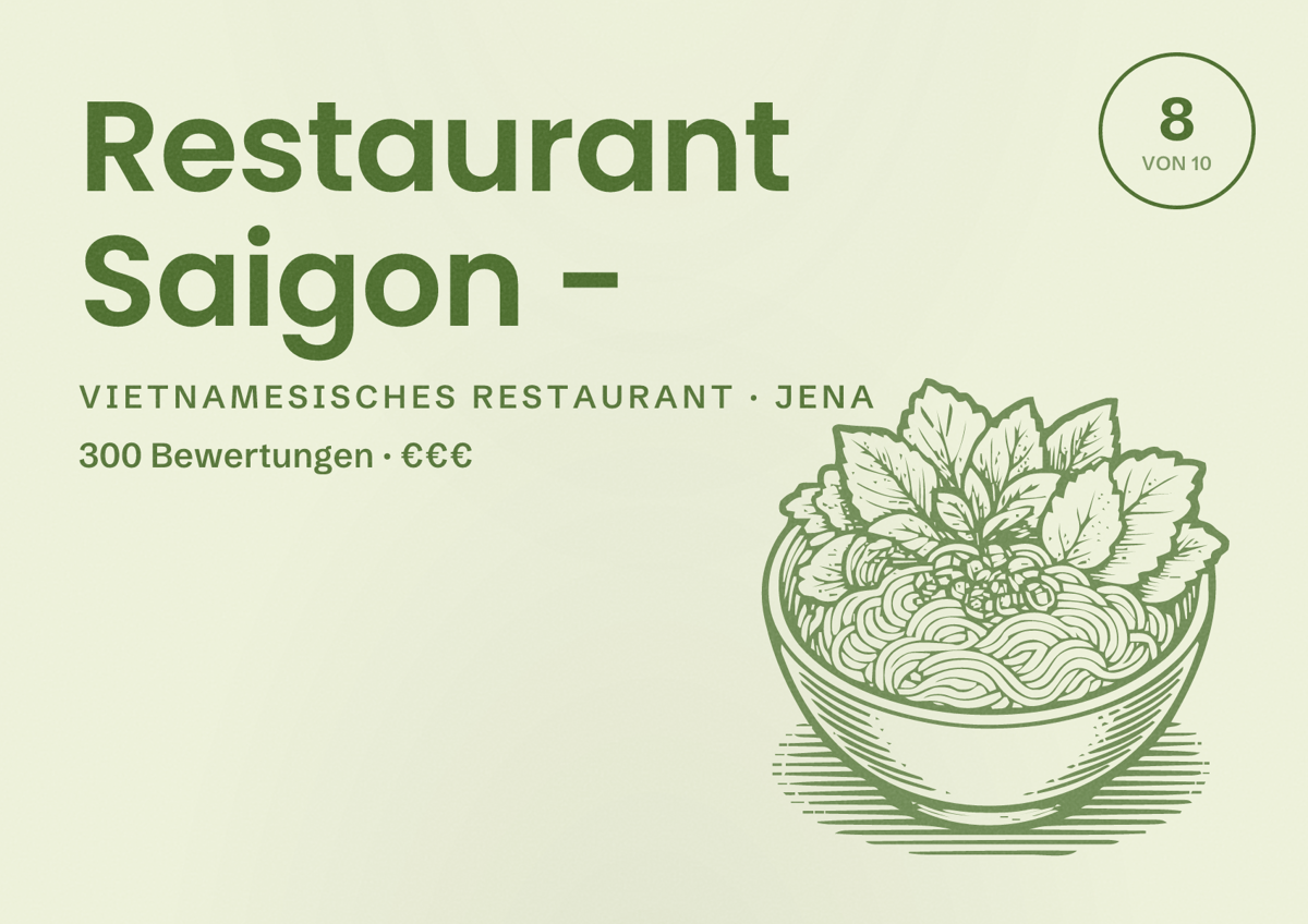 Illustriertes Poster von Restaurant Saigon -, Vietnamesisches Restaurant in Jena: Bewertung 8 von 10 aus 300 Bewertungen, Preisniveau €€€