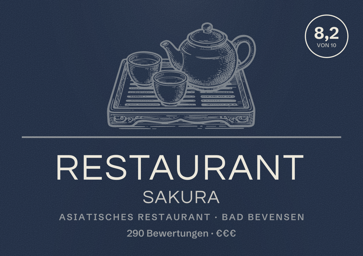 Illustriertes Poster von Restaurant Sakura, Asiatisches Restaurant in Bad Bevensen: Bewertung 8,2 von 10 aus 290 Bewertungen, Preisniveau €€€