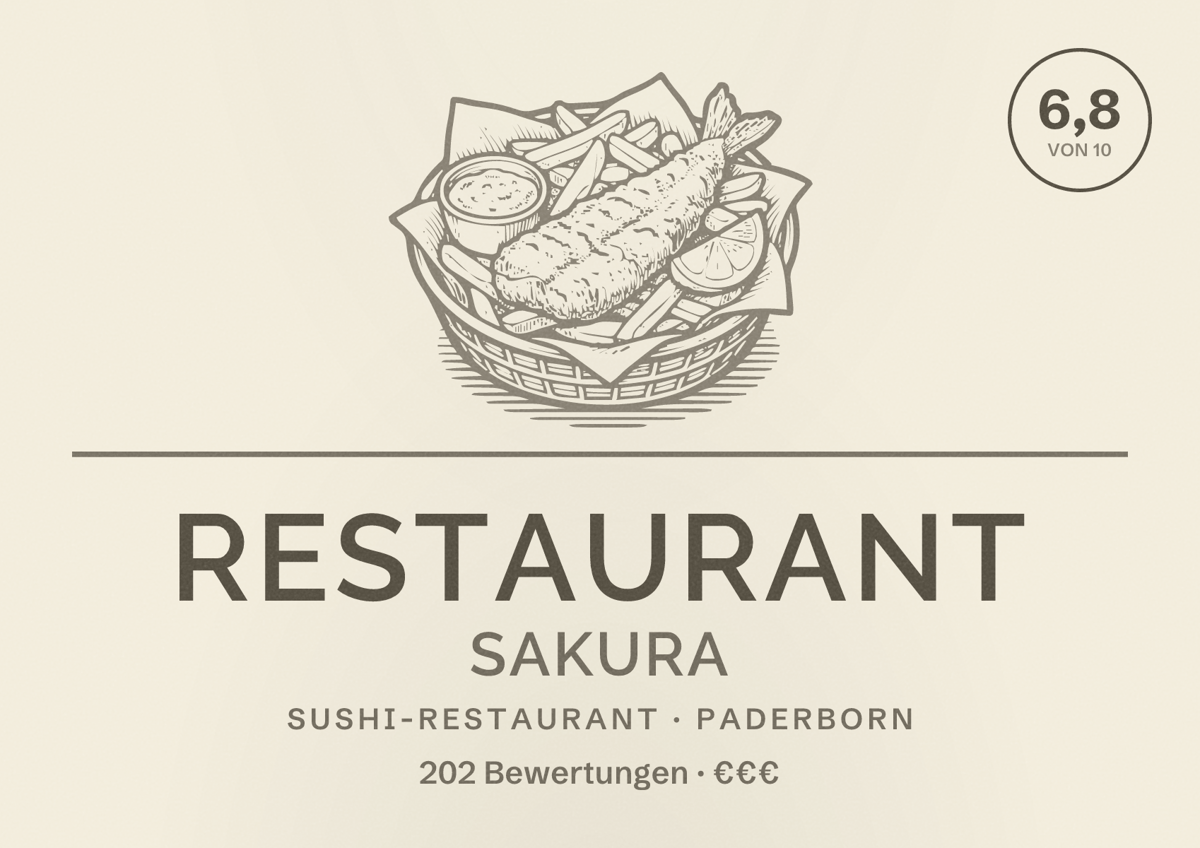 Illustriertes Poster von Restaurant Sakura, Sushi-Restaurant in Paderborn: Bewertung 6,8 von 10 aus 202 Bewertungen, Preisniveau €€€