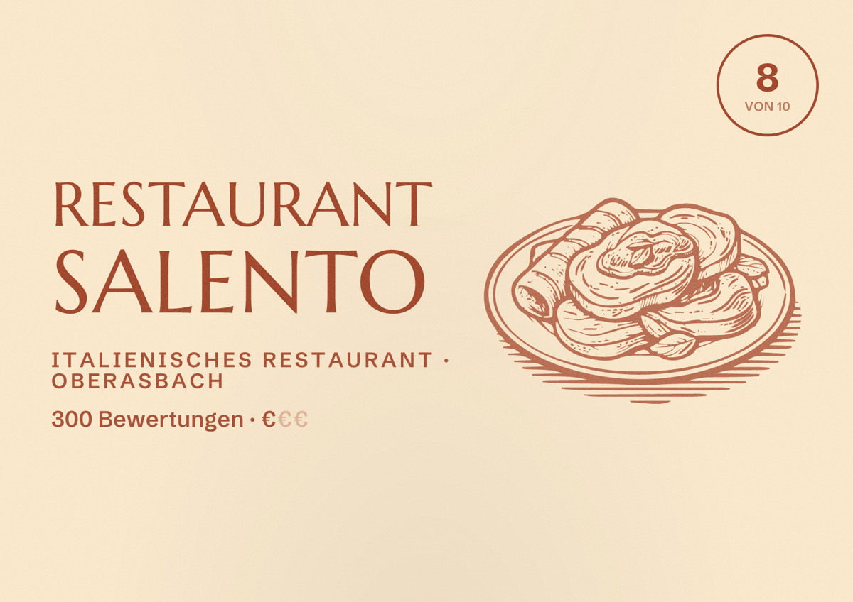 Illustriertes Poster von Restaurant Salento, Italienisches Restaurant in Oberasbach: Bewertung 8 von 10 aus 300 Bewertungen, Preisniveau €