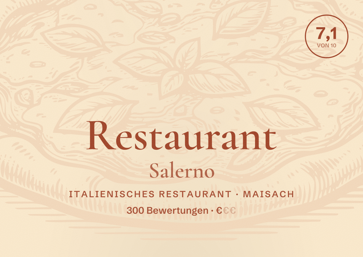 Illustriertes Poster von Restaurant Salerno, Italienisches Restaurant in Maisach: Bewertung 7,1 von 10 aus 300 Bewertungen, Preisniveau €