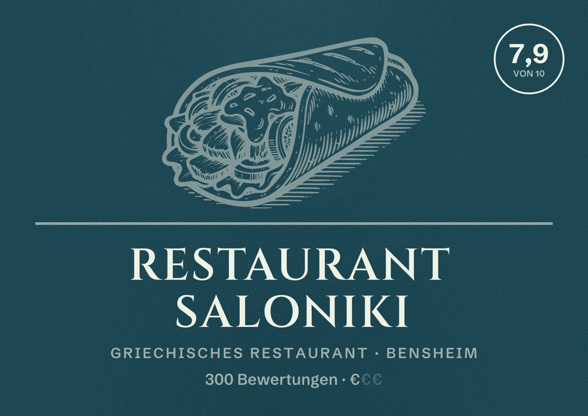 Illustriertes Poster von Restaurant Saloniki, Griechisches Restaurant in Bensheim: Bewertung 7,9 von 10 aus 300 Bewertungen, Preisniveau €
