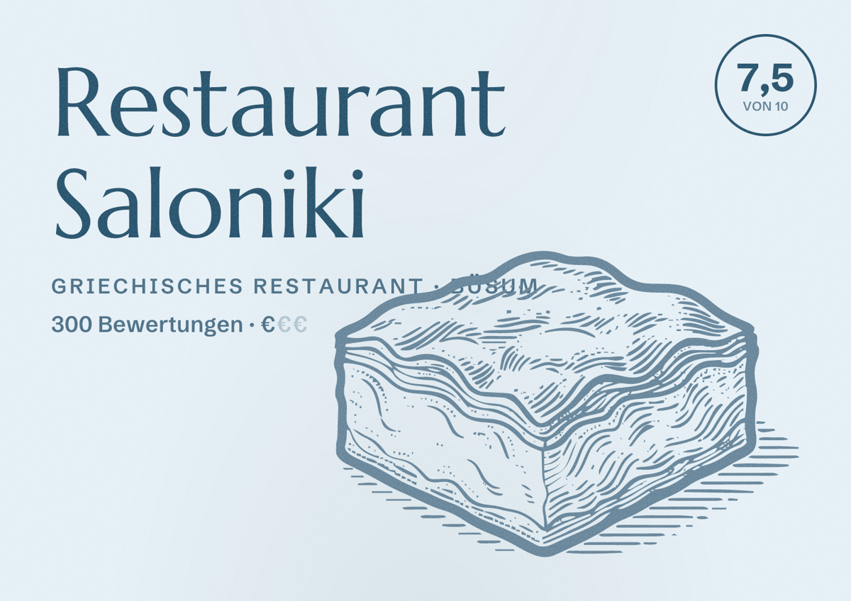 Illustriertes Poster von Restaurant Saloniki, Griechisches Restaurant in Büsum: Bewertung 7,5 von 10 aus 300 Bewertungen, Preisniveau €