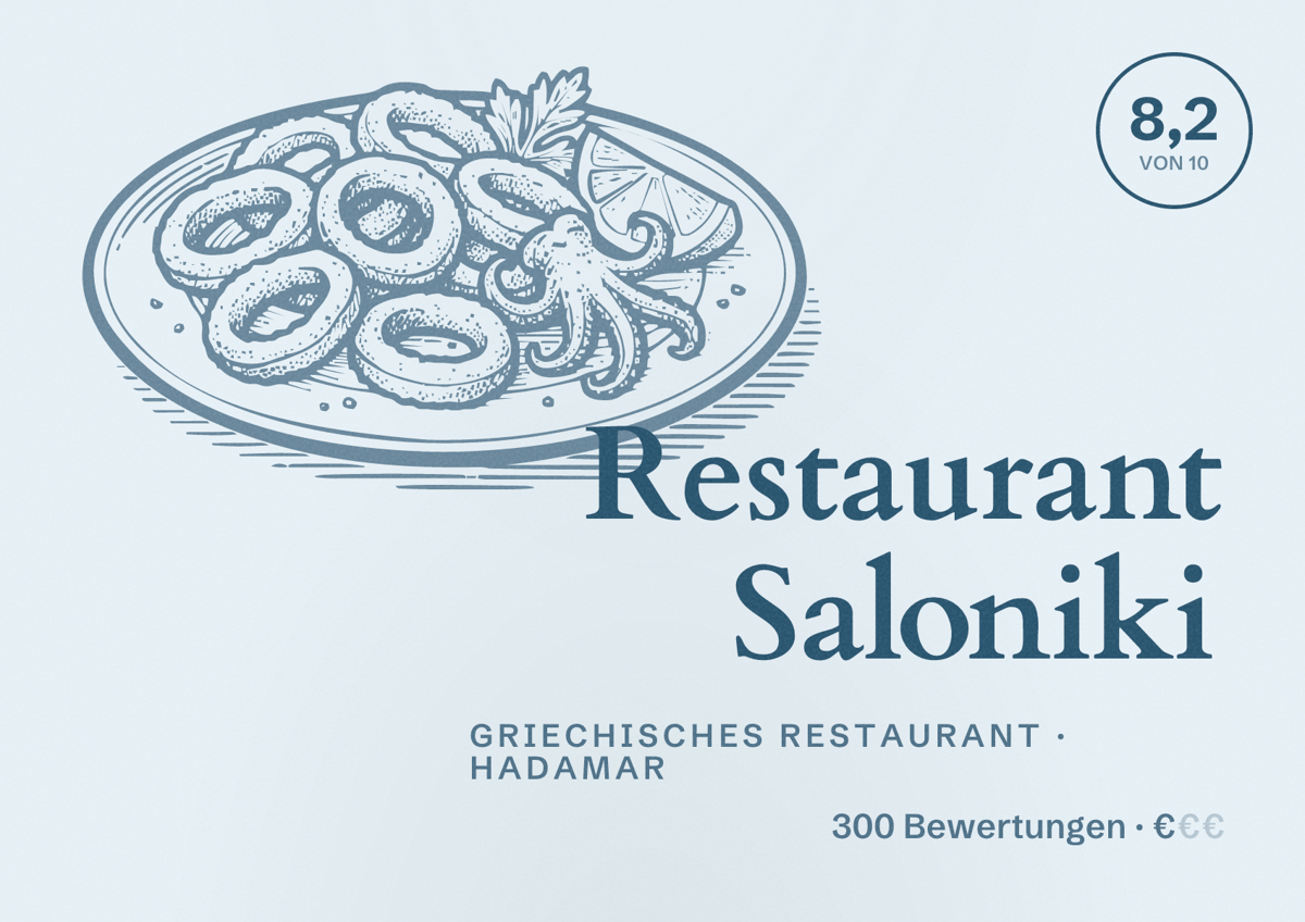 Illustriertes Poster von Restaurant Saloniki, Griechisches Restaurant in Hadamar: Bewertung 8,2 von 10 aus 300 Bewertungen, Preisniveau €