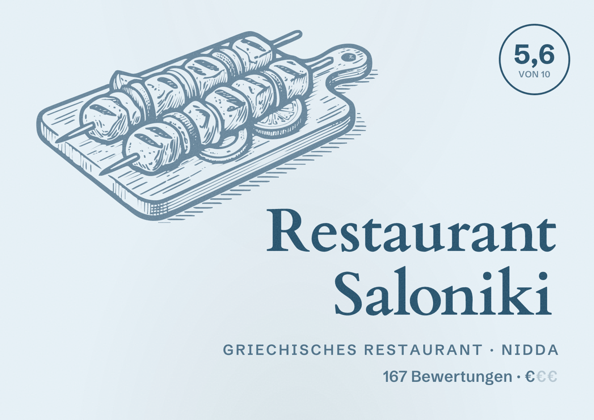 Illustriertes Poster von Restaurant Saloniki, Griechisches Restaurant in Nidda: Bewertung 5,6 von 10 aus 167 Bewertungen, Preisniveau €