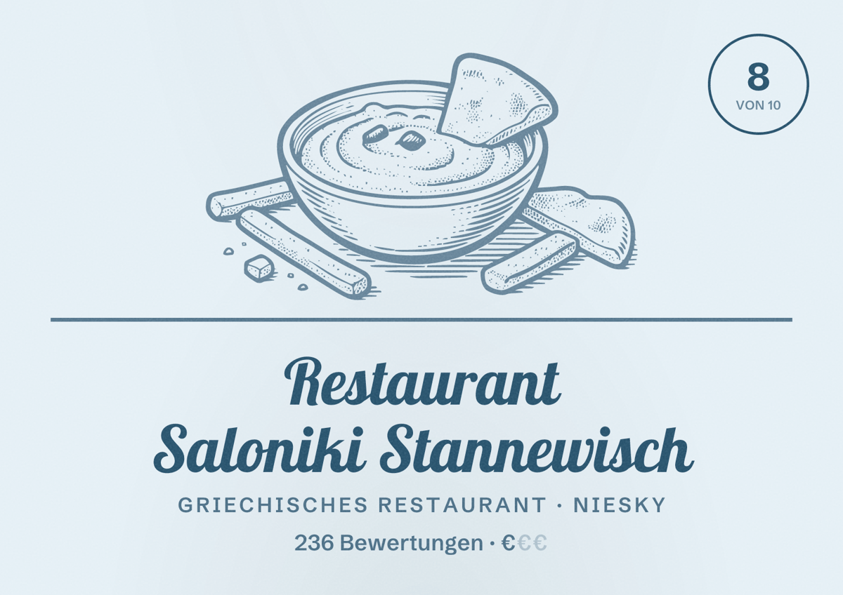 Illustriertes Poster von Restaurant Saloniki Stannewisch, Griechisches Restaurant in Niesky: Bewertung 8 von 10 aus 236 Bewertungen, Preisniveau €