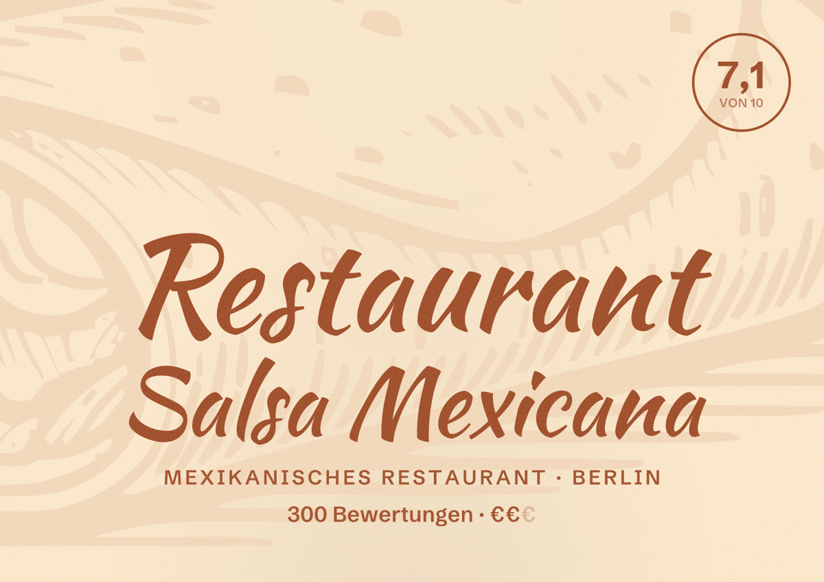 Illustriertes Poster von Restaurant Salsa Mexicana, Mexikanisches Restaurant in Berlin: Bewertung 7,1 von 10 aus 300 Bewertungen, Preisniveau €€