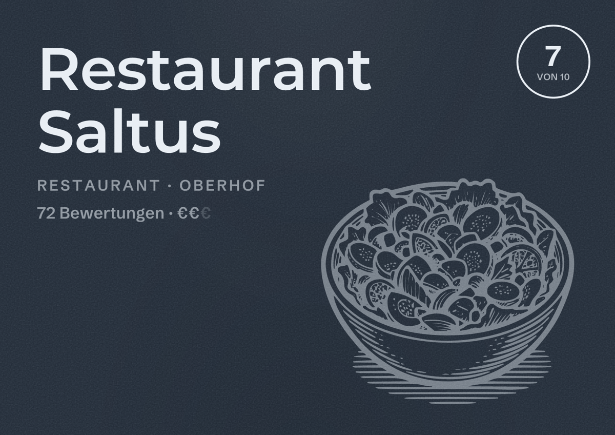 Illustriertes Poster von Restaurant Saltus, Restaurant in Oberhof: Bewertung 7 von 10 aus 72 Bewertungen, Preisniveau €€