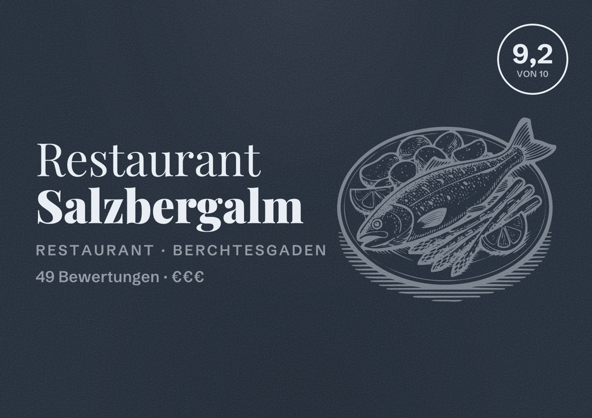 Illustriertes Poster von Restaurant Salzbergalm, Restaurant in Berchtesgaden: Bewertung 9,2 von 10 aus 49 Bewertungen, Preisniveau €€€