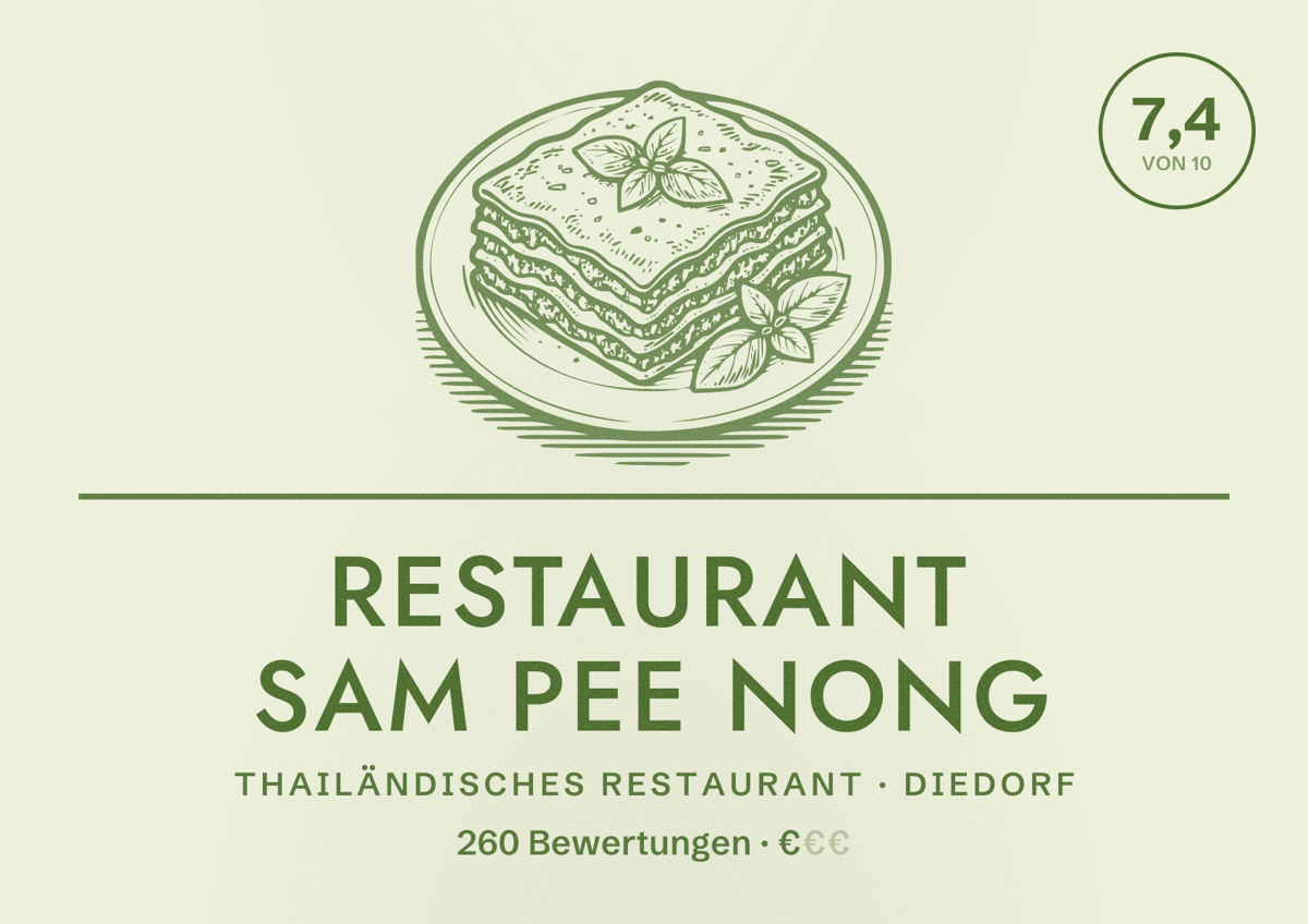 Illustriertes Poster von Restaurant Sam Pee Nong, Thailändisches Restaurant in Diedorf: Bewertung 7,4 von 10 aus 260 Bewertungen, Preisniveau €