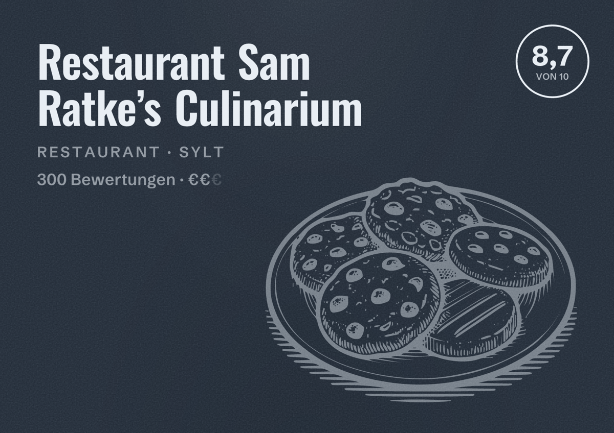 Illustriertes Poster von Restaurant Sam Ratke’s Culinarium, Restaurant in Sylt: Bewertung 8,7 von 10 aus 300 Bewertungen, Preisniveau €€