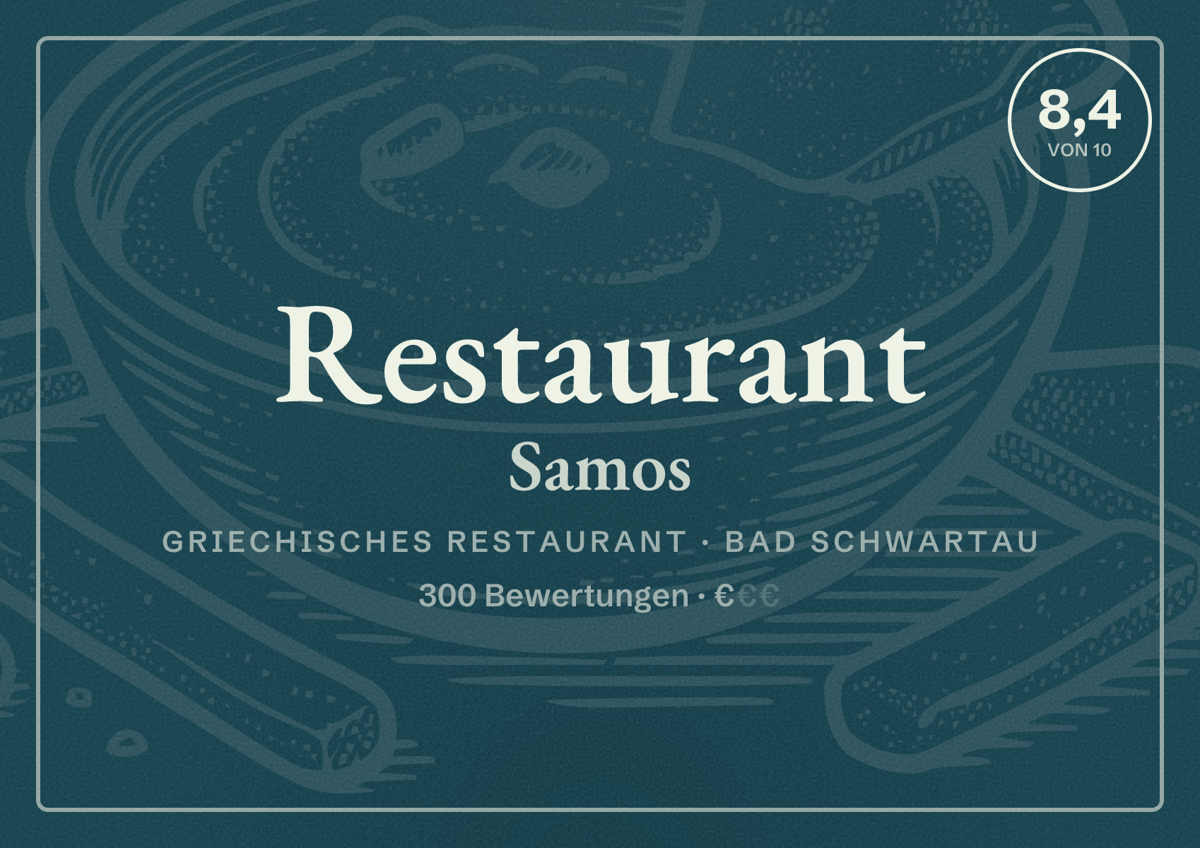 Illustriertes Poster von Restaurant Samos, Griechisches Restaurant in Bad Schwartau: Bewertung 8,4 von 10 aus 300 Bewertungen, Preisniveau €